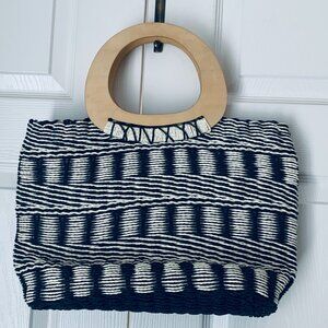 WOVEN BAG PURSE Wood Handle Black Cream Lined Bag w Snap
